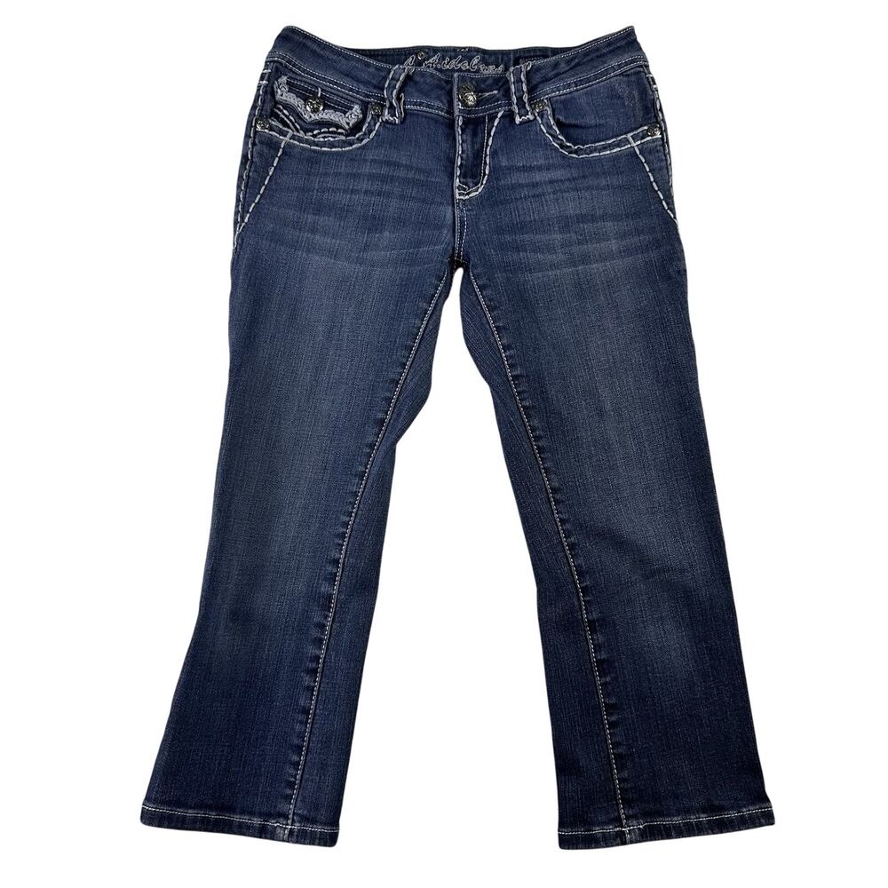 LA Idol Jeans Size 7 Capri Dark Wash 30x18 Embellished Thick Stitch